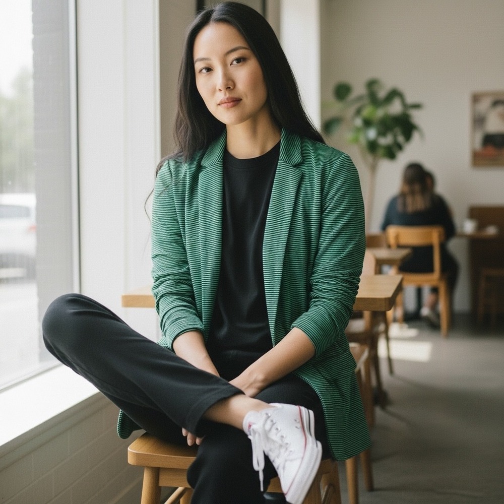 J.Jill Striped Green Black Linen Blend Knit Blazer Jacket Cardigan‎ L Lagenlook